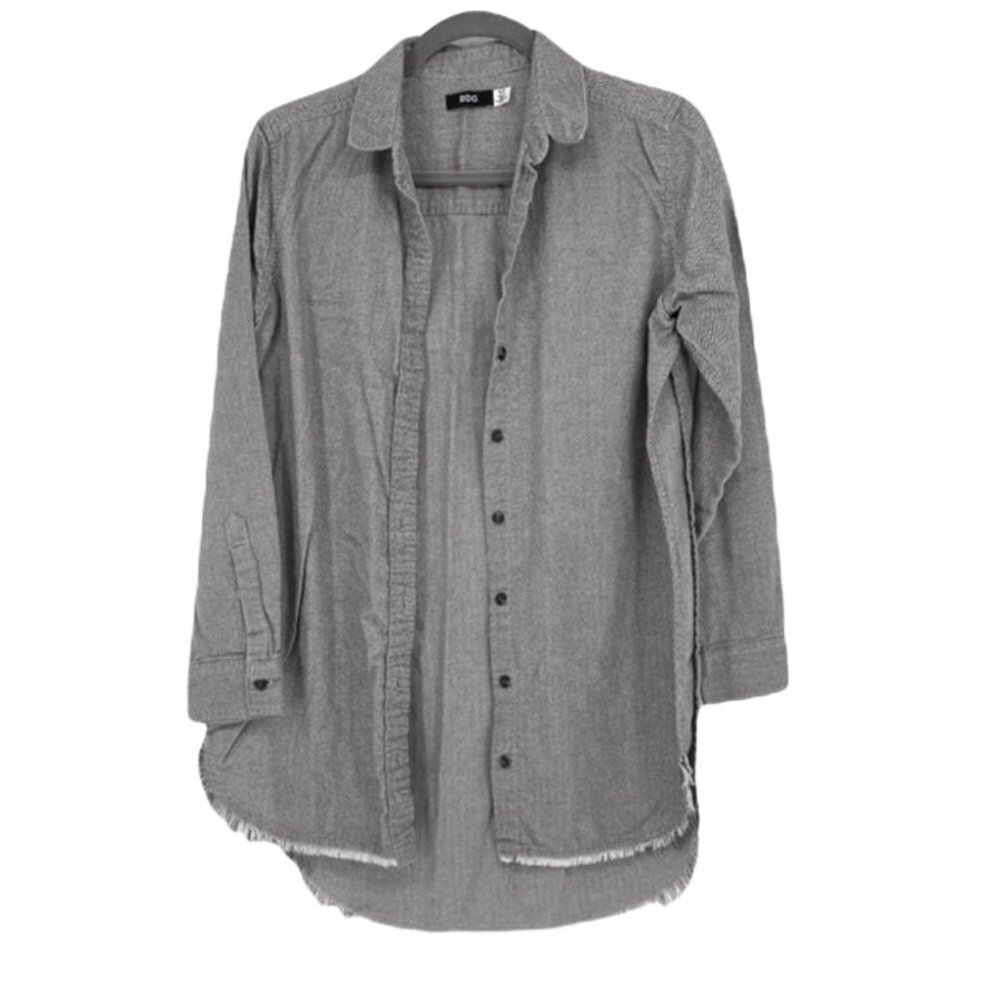 BDG Grey button down slit sides  fringe hem shirt